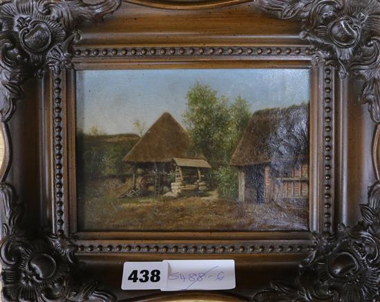 French School, oil on canvas, Farm buildings, indistinctly signed, 12 x 17cm.